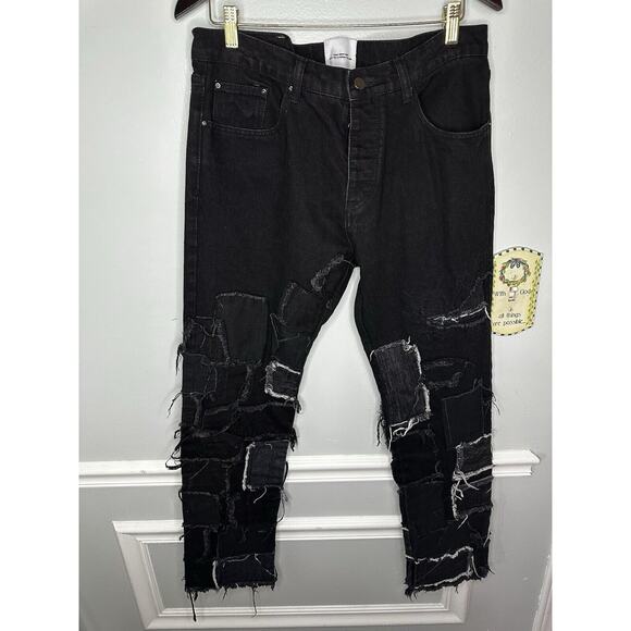 NWOT MEN'S KODY PHILLIPS FOR MNML LA BLACK JEANS RAW EDGE PATCHES SIZE 34 30 - Picture 2 of 8